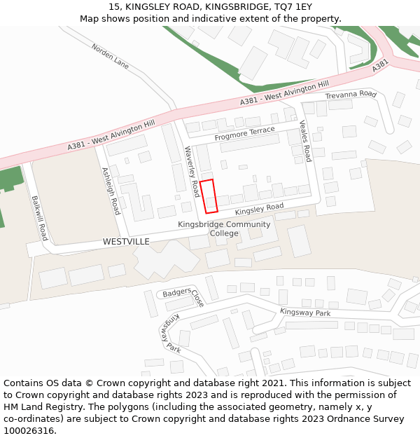 15, KINGSLEY ROAD, KINGSBRIDGE, TQ7 1EY: Location map and indicative extent of plot