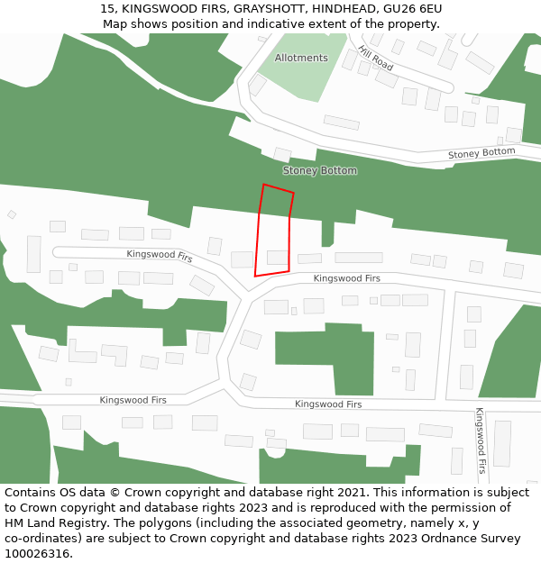 15, KINGSWOOD FIRS, GRAYSHOTT, HINDHEAD, GU26 6EU: Location map and indicative extent of plot