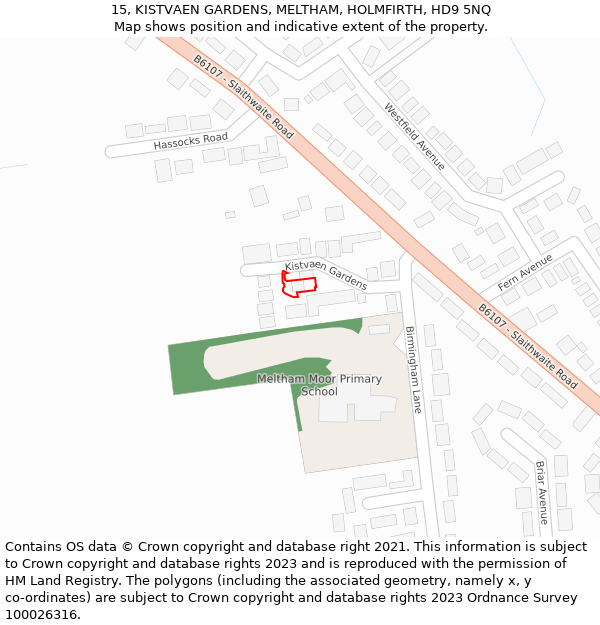 15, KISTVAEN GARDENS, MELTHAM, HOLMFIRTH, HD9 5NQ: Location map and indicative extent of plot