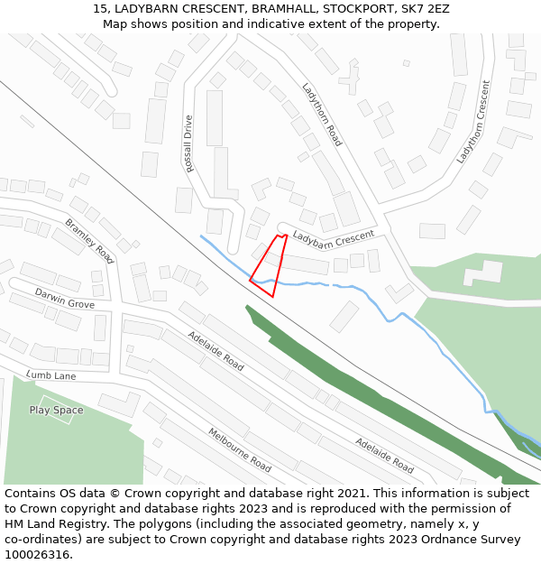 15, LADYBARN CRESCENT, BRAMHALL, STOCKPORT, SK7 2EZ: Location map and indicative extent of plot