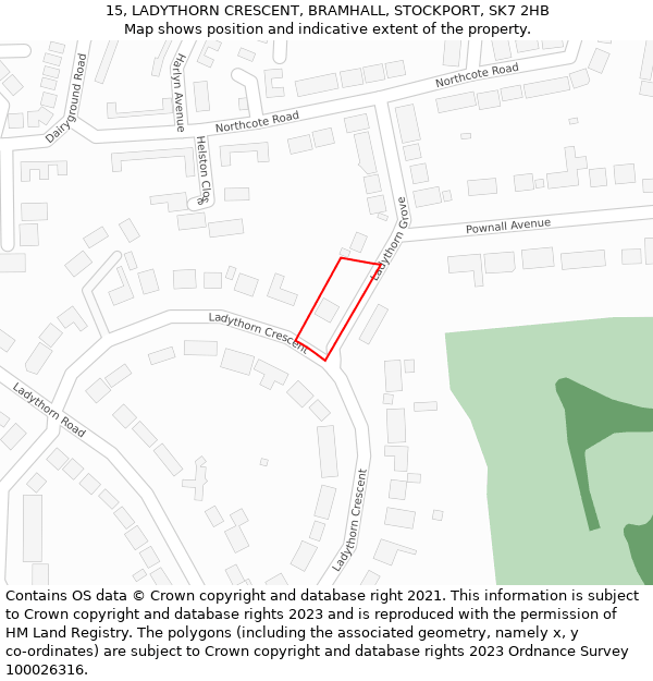 15, LADYTHORN CRESCENT, BRAMHALL, STOCKPORT, SK7 2HB: Location map and indicative extent of plot