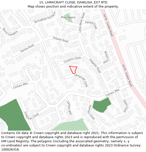 15, LAMACRAFT CLOSE, DAWLISH, EX7 9TD: Location map and indicative extent of plot