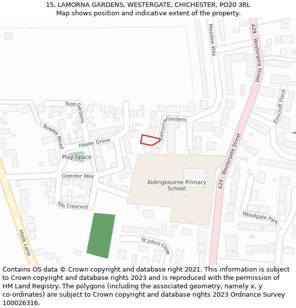 15, LAMORNA GARDENS, WESTERGATE, CHICHESTER, PO20 3RL: Location map and indicative extent of plot