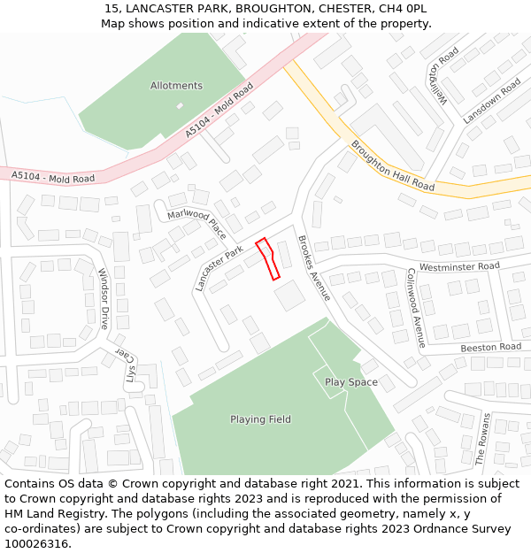 15, LANCASTER PARK, BROUGHTON, CHESTER, CH4 0PL: Location map and indicative extent of plot