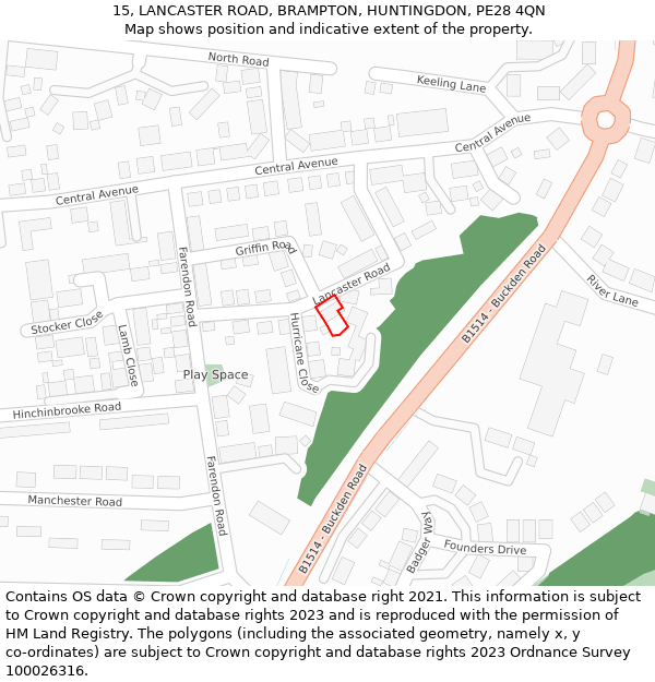 15, LANCASTER ROAD, BRAMPTON, HUNTINGDON, PE28 4QN: Location map and indicative extent of plot