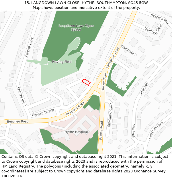 15, LANGDOWN LAWN CLOSE, HYTHE, SOUTHAMPTON, SO45 5GW: Location map and indicative extent of plot