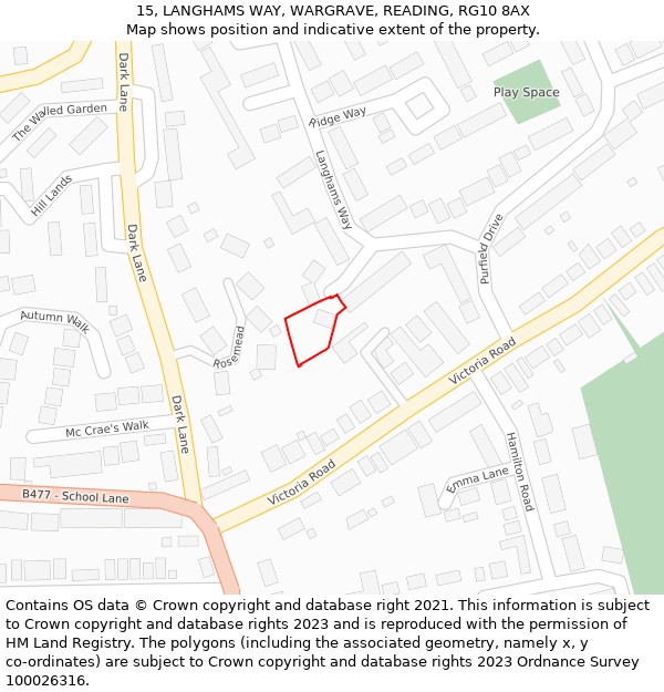 15, LANGHAMS WAY, WARGRAVE, READING, RG10 8AX: Location map and indicative extent of plot