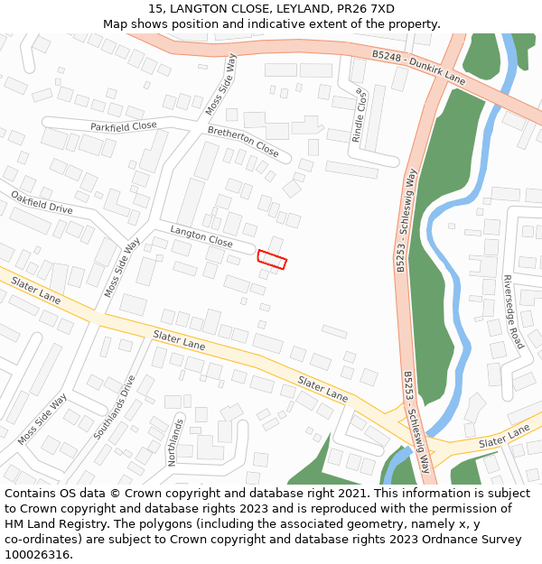 15, LANGTON CLOSE, LEYLAND, PR26 7XD: Location map and indicative extent of plot