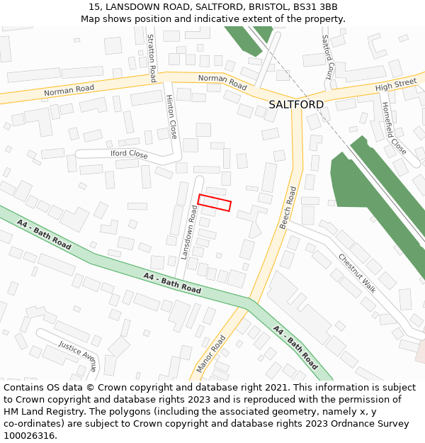 15, LANSDOWN ROAD, SALTFORD, BRISTOL, BS31 3BB: Location map and indicative extent of plot