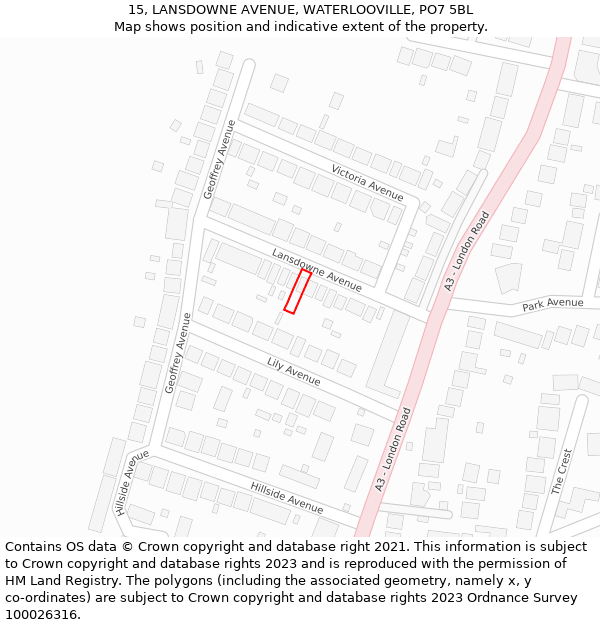 15, LANSDOWNE AVENUE, WATERLOOVILLE, PO7 5BL: Location map and indicative extent of plot