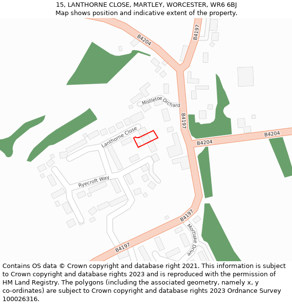 15, LANTHORNE CLOSE, MARTLEY, WORCESTER, WR6 6BJ: Location map and indicative extent of plot