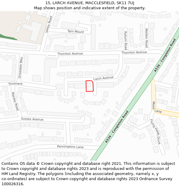 15, LARCH AVENUE, MACCLESFIELD, SK11 7UJ: Location map and indicative extent of plot