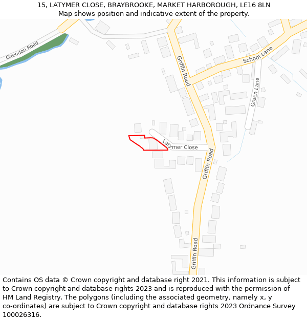 15, LATYMER CLOSE, BRAYBROOKE, MARKET HARBOROUGH, LE16 8LN: Location map and indicative extent of plot