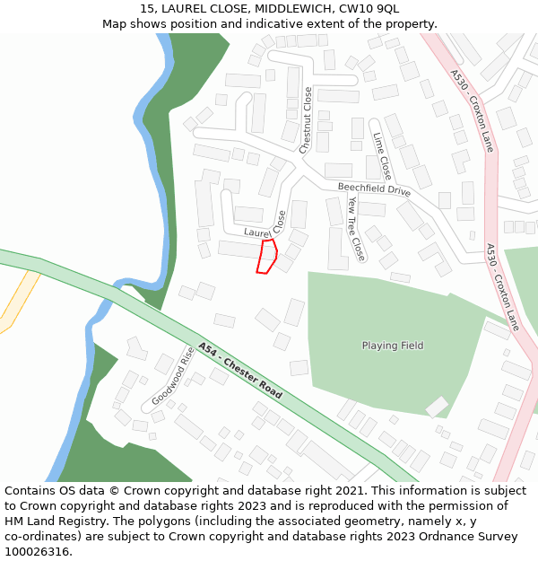 15, LAUREL CLOSE, MIDDLEWICH, CW10 9QL: Location map and indicative extent of plot