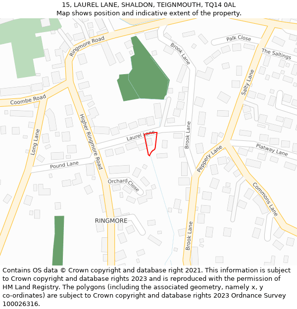 15, LAUREL LANE, SHALDON, TEIGNMOUTH, TQ14 0AL: Location map and indicative extent of plot