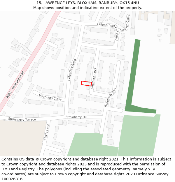 15, LAWRENCE LEYS, BLOXHAM, BANBURY, OX15 4NU: Location map and indicative extent of plot