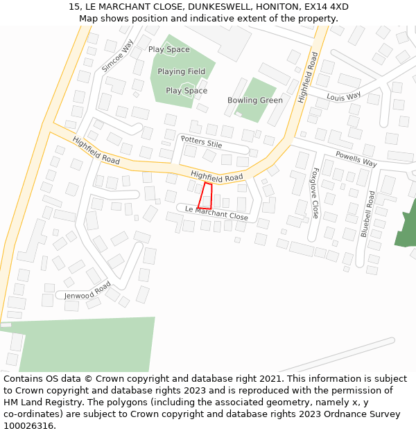 15, LE MARCHANT CLOSE, DUNKESWELL, HONITON, EX14 4XD: Location map and indicative extent of plot