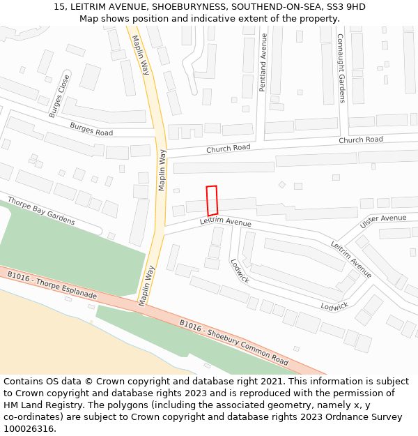 15, LEITRIM AVENUE, SHOEBURYNESS, SOUTHEND-ON-SEA, SS3 9HD: Location map and indicative extent of plot