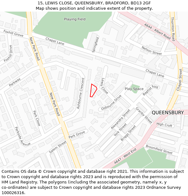 15, LEWIS CLOSE, QUEENSBURY, BRADFORD, BD13 2GF: Location map and indicative extent of plot