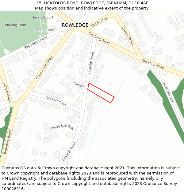 15, LICKFOLDS ROAD, ROWLEDGE, FARNHAM, GU10 4AF: Location map and indicative extent of plot