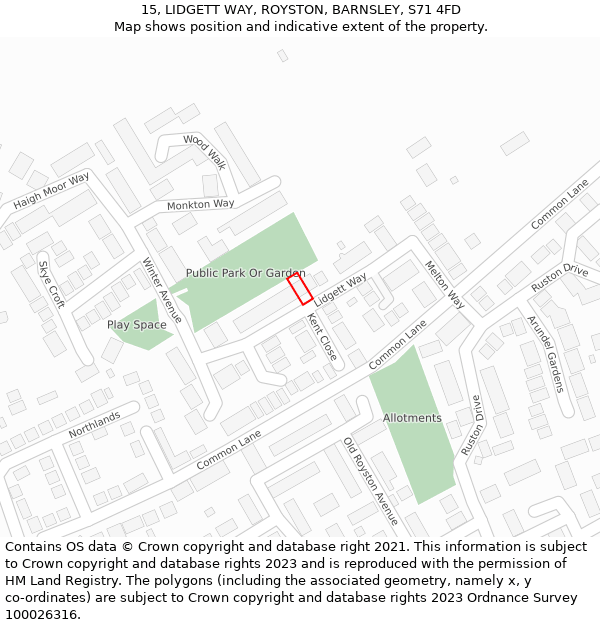 15, LIDGETT WAY, ROYSTON, BARNSLEY, S71 4FD: Location map and indicative extent of plot