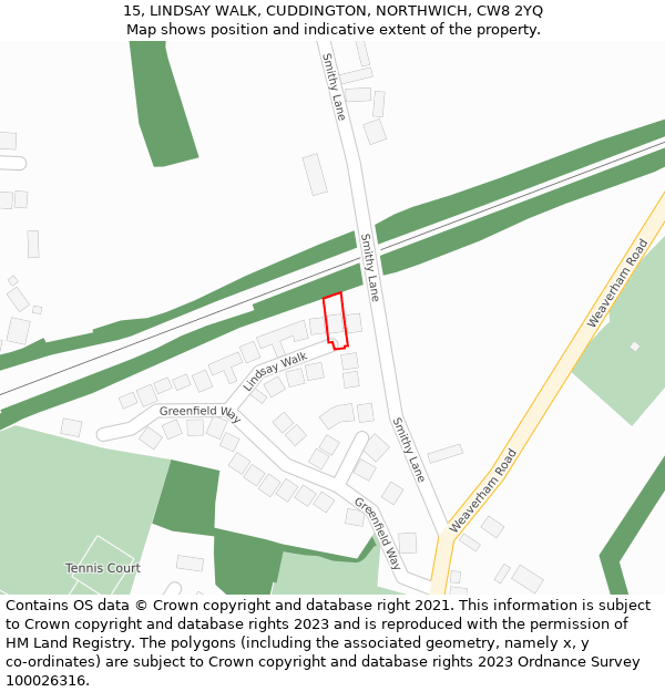 15, LINDSAY WALK, CUDDINGTON, NORTHWICH, CW8 2YQ: Location map and indicative extent of plot