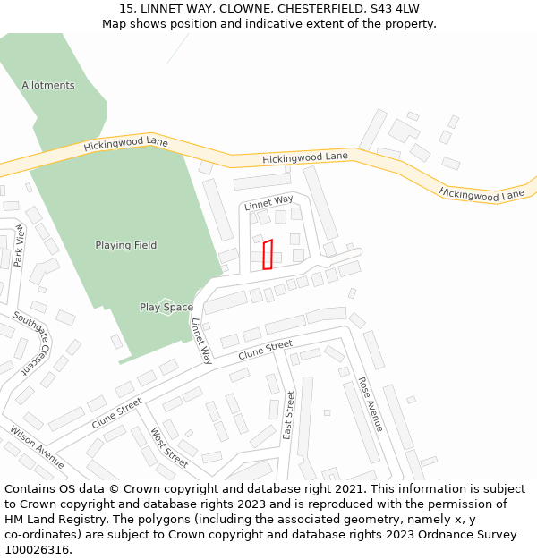 15, LINNET WAY, CLOWNE, CHESTERFIELD, S43 4LW: Location map and indicative extent of plot