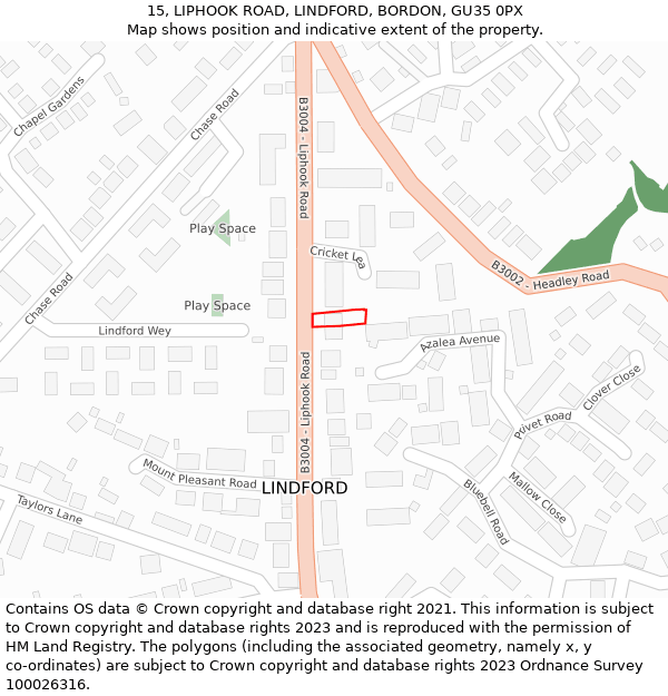 15, LIPHOOK ROAD, LINDFORD, BORDON, GU35 0PX: Location map and indicative extent of plot