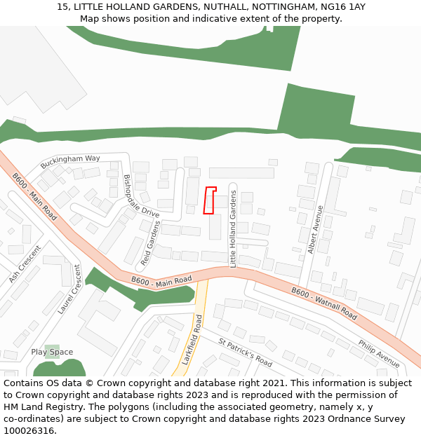 15, LITTLE HOLLAND GARDENS, NUTHALL, NOTTINGHAM, NG16 1AY: Location map and indicative extent of plot