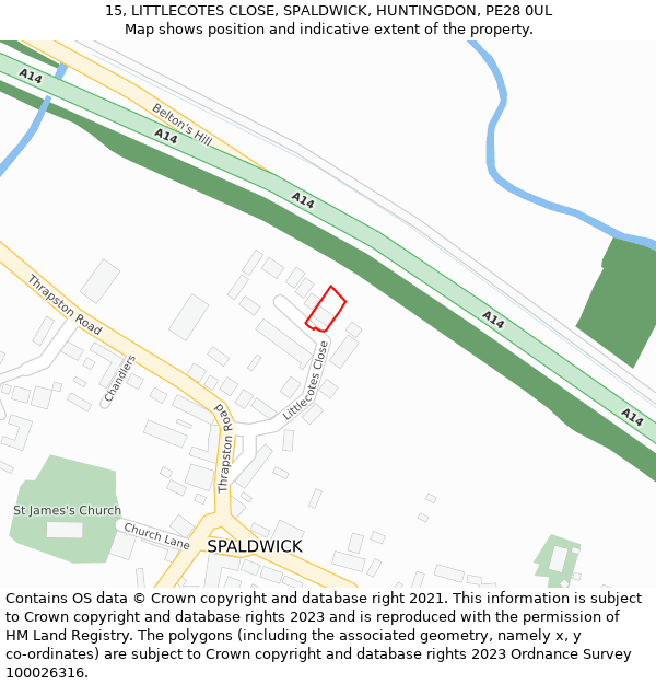 15, LITTLECOTES CLOSE, SPALDWICK, HUNTINGDON, PE28 0UL: Location map and indicative extent of plot