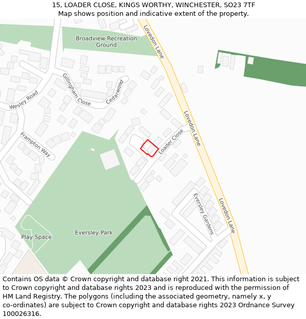 15, LOADER CLOSE, KINGS WORTHY, WINCHESTER, SO23 7TF: Location map and indicative extent of plot