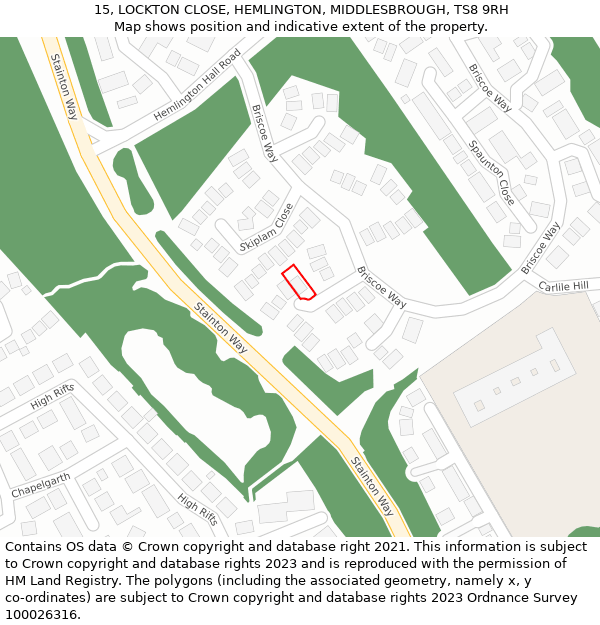 15, LOCKTON CLOSE, HEMLINGTON, MIDDLESBROUGH, TS8 9RH: Location map and indicative extent of plot