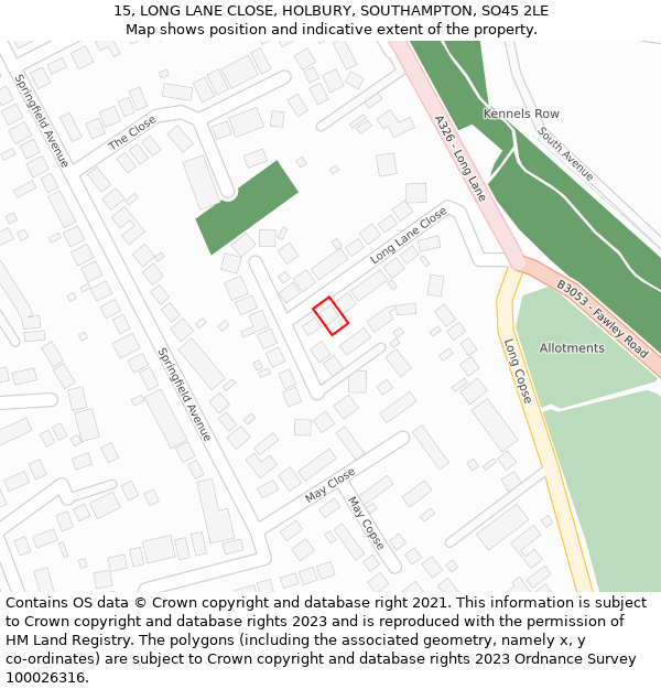 15, LONG LANE CLOSE, HOLBURY, SOUTHAMPTON, SO45 2LE: Location map and indicative extent of plot