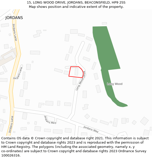 15, LONG WOOD DRIVE, JORDANS, BEACONSFIELD, HP9 2SS: Location map and indicative extent of plot