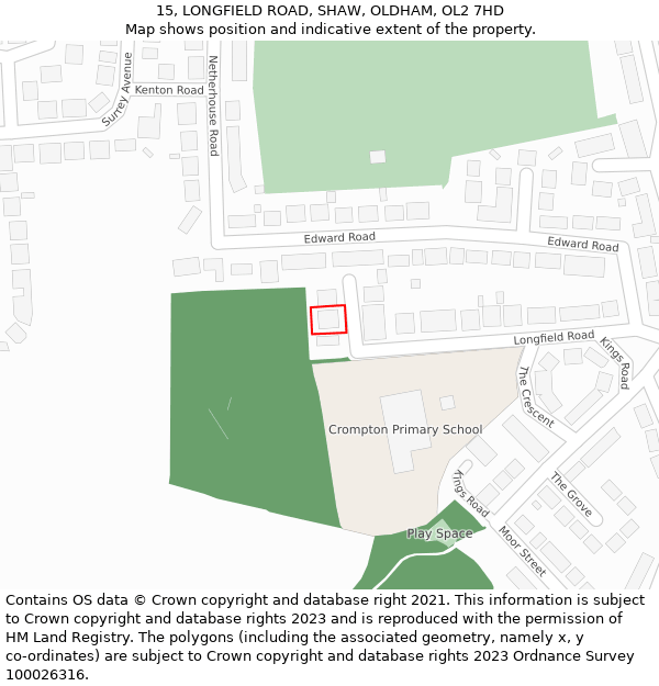 15, LONGFIELD ROAD, SHAW, OLDHAM, OL2 7HD: Location map and indicative extent of plot