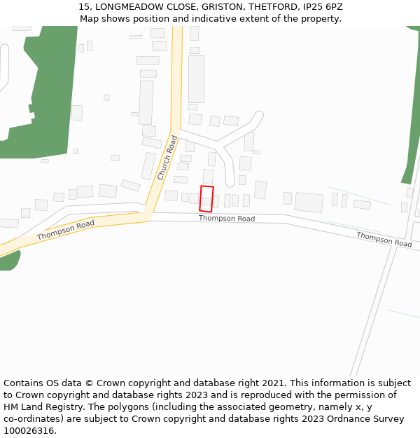 15, LONGMEADOW CLOSE, GRISTON, THETFORD, IP25 6PZ: Location map and indicative extent of plot