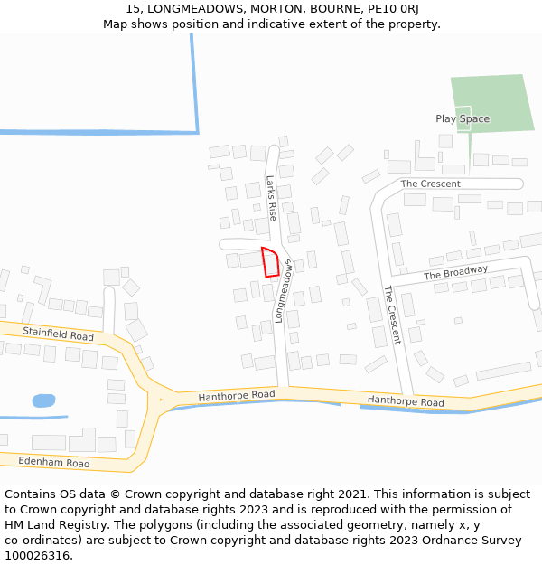 15, LONGMEADOWS, MORTON, BOURNE, PE10 0RJ: Location map and indicative extent of plot