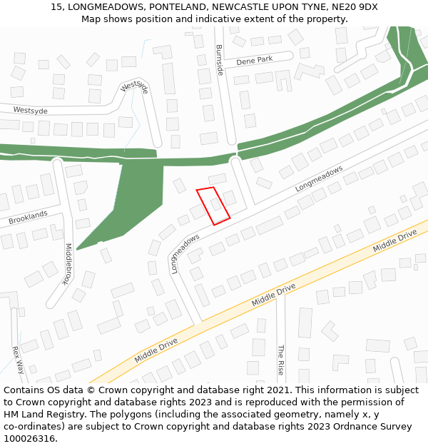 15, LONGMEADOWS, PONTELAND, NEWCASTLE UPON TYNE, NE20 9DX: Location map and indicative extent of plot