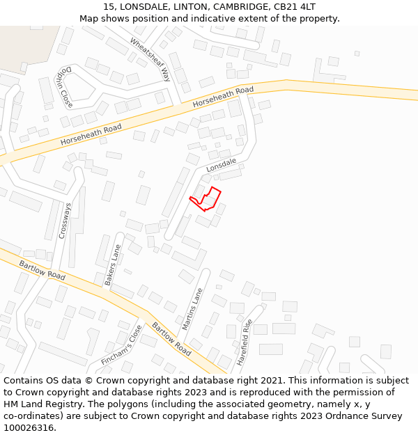 15, LONSDALE, LINTON, CAMBRIDGE, CB21 4LT: Location map and indicative extent of plot