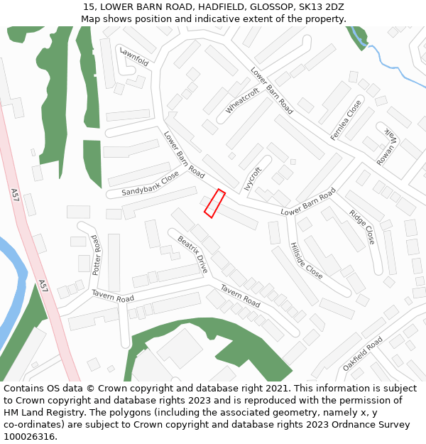 15, LOWER BARN ROAD, HADFIELD, GLOSSOP, SK13 2DZ: Location map and indicative extent of plot