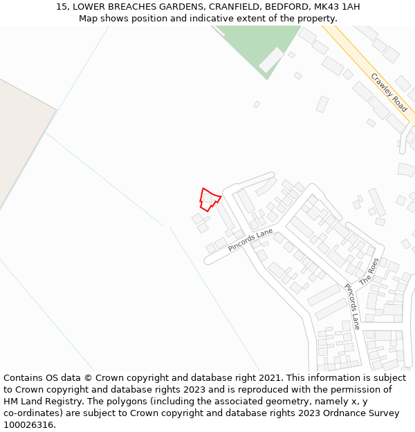 15, LOWER BREACHES GARDENS, CRANFIELD, BEDFORD, MK43 1AH: Location map and indicative extent of plot