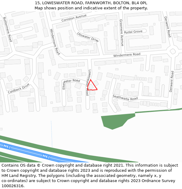 15, LOWESWATER ROAD, FARNWORTH, BOLTON, BL4 0PL: Location map and indicative extent of plot