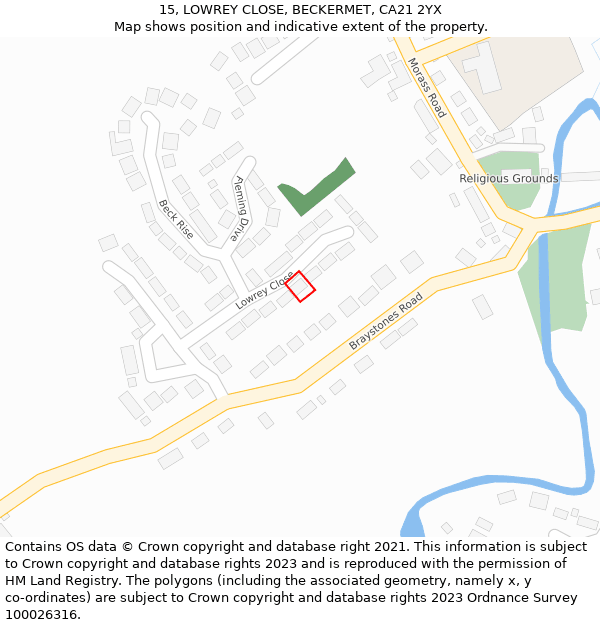 15, LOWREY CLOSE, BECKERMET, CA21 2YX: Location map and indicative extent of plot