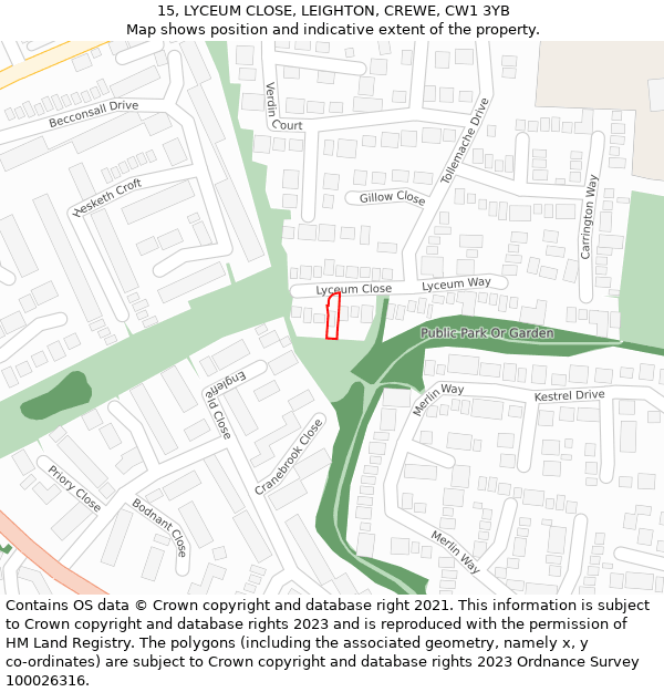 15, LYCEUM CLOSE, LEIGHTON, CREWE, CW1 3YB: Location map and indicative extent of plot