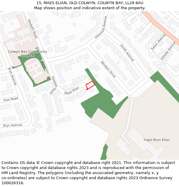 15, MAES ELIAN, OLD COLWYN, COLWYN BAY, LL29 8AU: Location map and indicative extent of plot