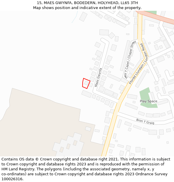 15, MAES GWYNFA, BODEDERN, HOLYHEAD, LL65 3TH: Location map and indicative extent of plot