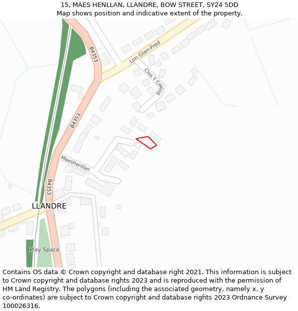 15, MAES HENLLAN, LLANDRE, BOW STREET, SY24 5DD: Location map and indicative extent of plot