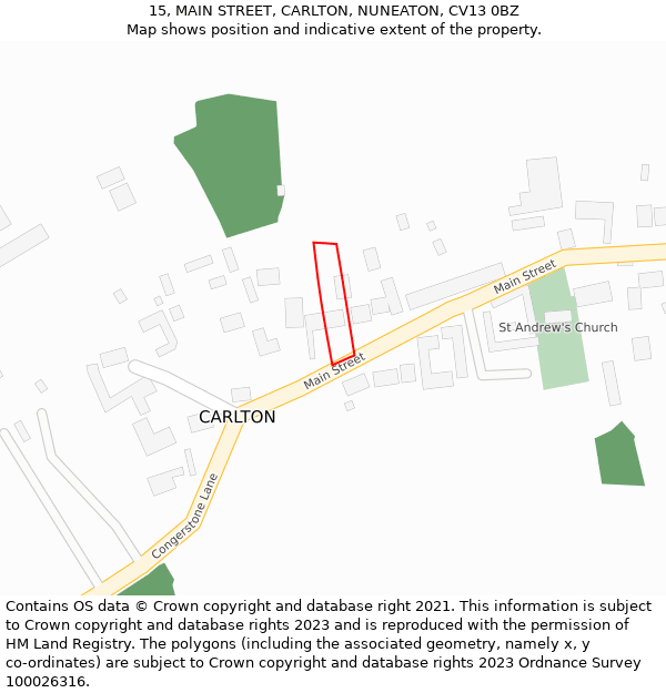 15, MAIN STREET, CARLTON, NUNEATON, CV13 0BZ: Location map and indicative extent of plot
