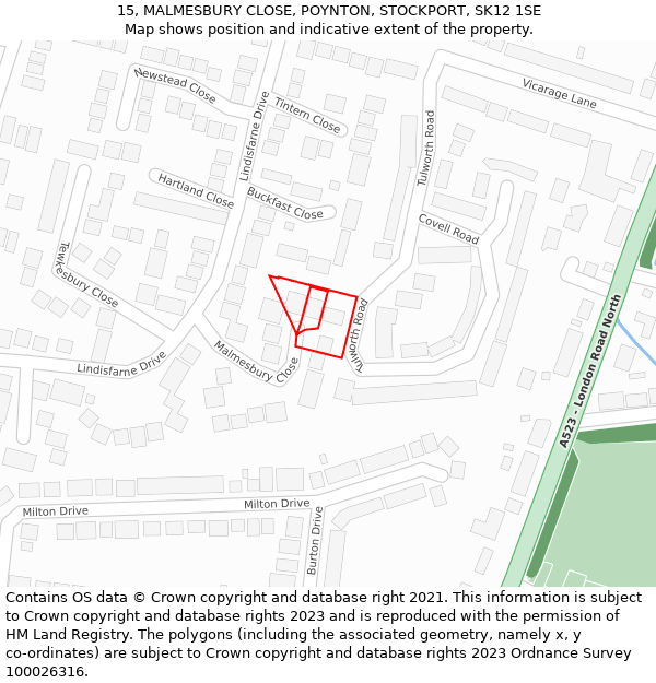 15, MALMESBURY CLOSE, POYNTON, STOCKPORT, SK12 1SE: Location map and indicative extent of plot