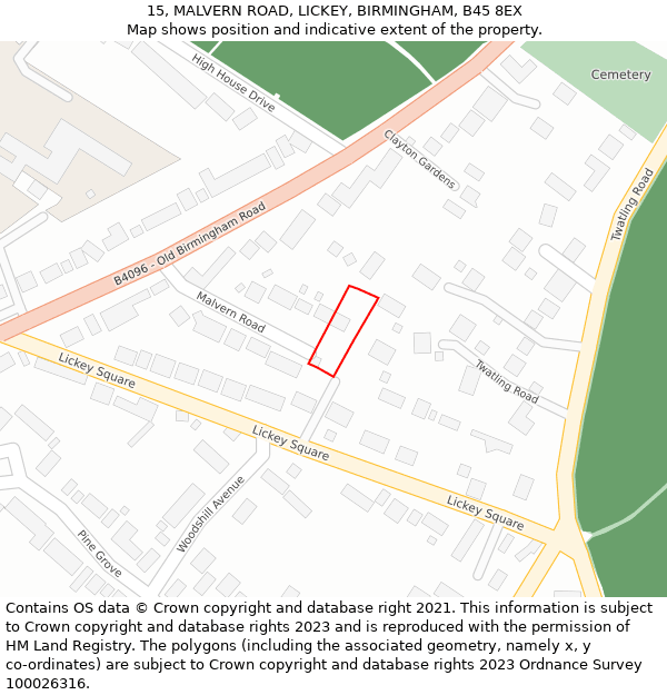 15, MALVERN ROAD, LICKEY, BIRMINGHAM, B45 8EX: Location map and indicative extent of plot